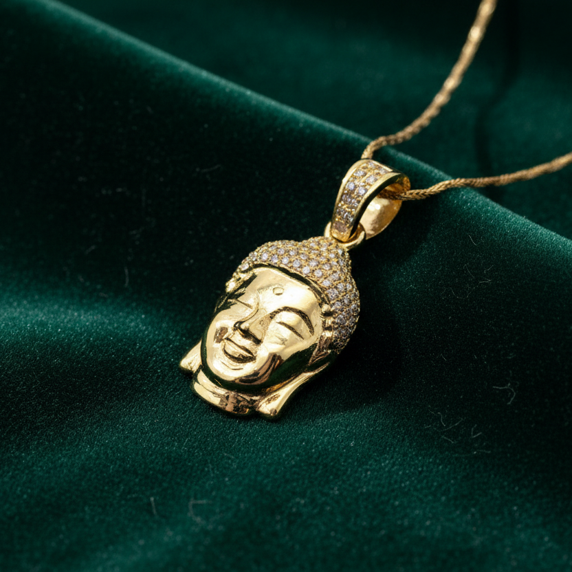 14K Yellow Gold Diamond Buddha Pendant - Green Velvet