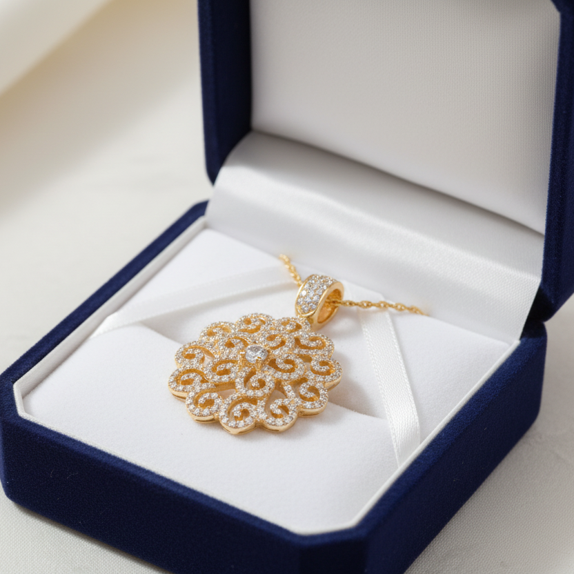 14K Yellow Gold Diamond Filigree Pendant - Jewelry Box