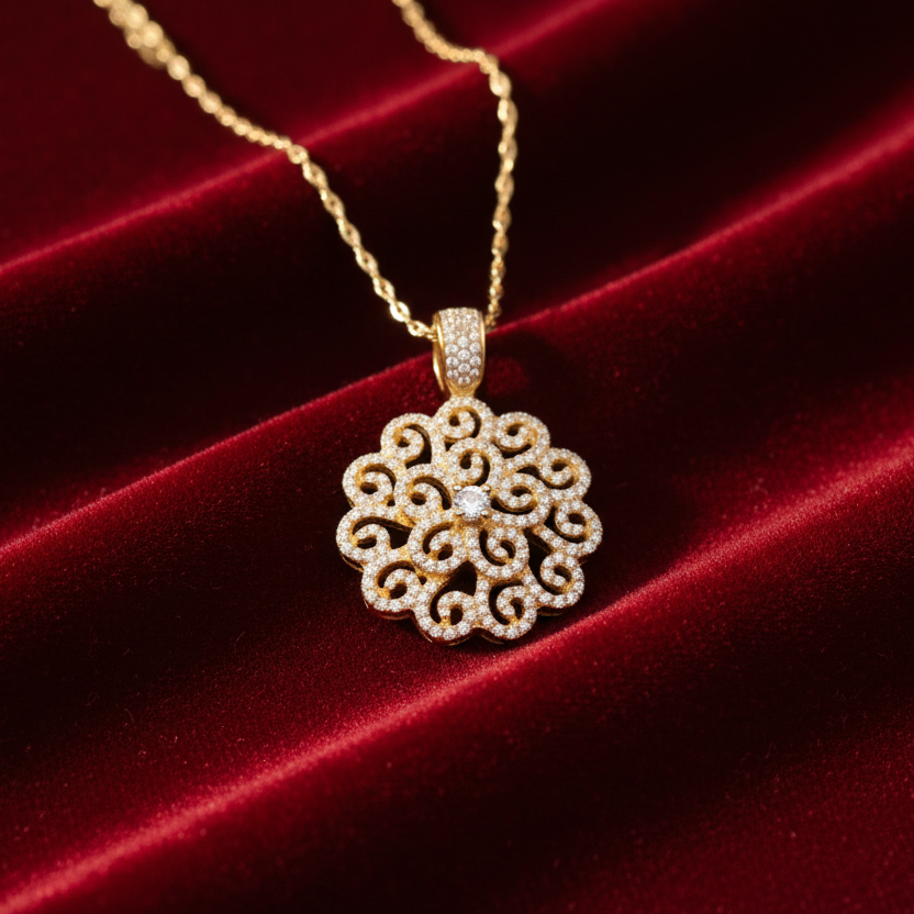 14K Yellow Gold Diamond Filigree Pendant - Red Velvet