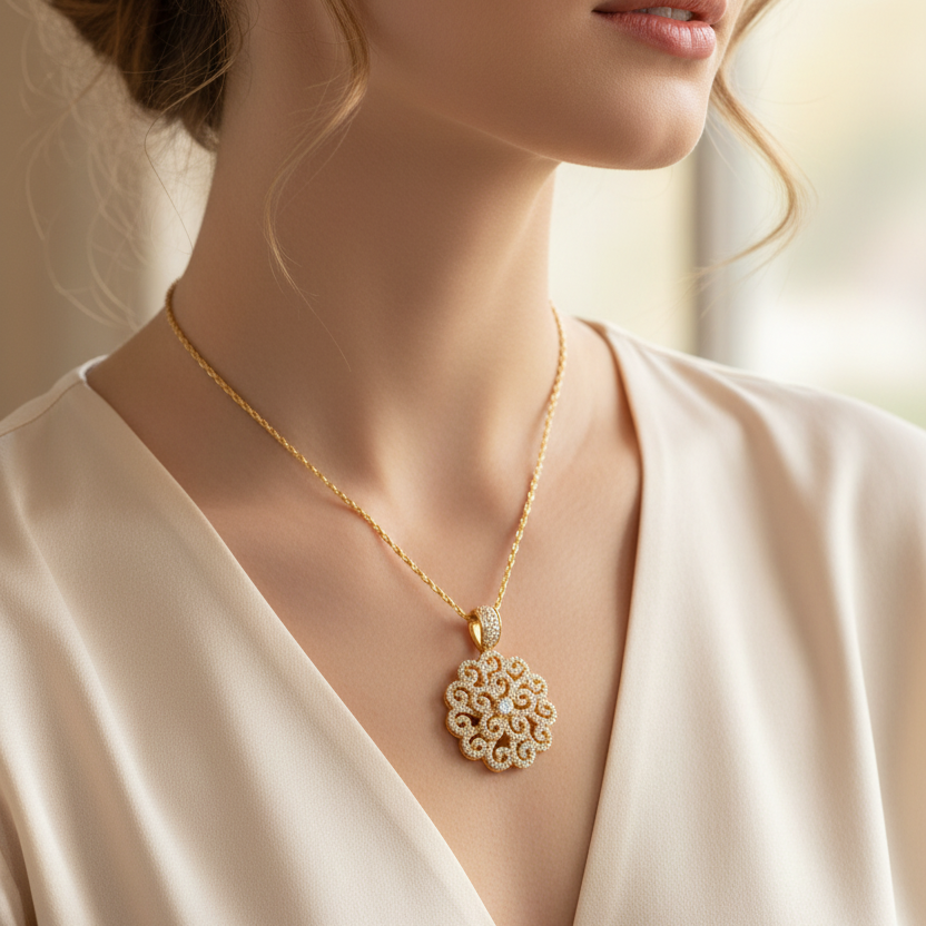 14K Yellow Gold Diamond Filigree Pendant - Worn