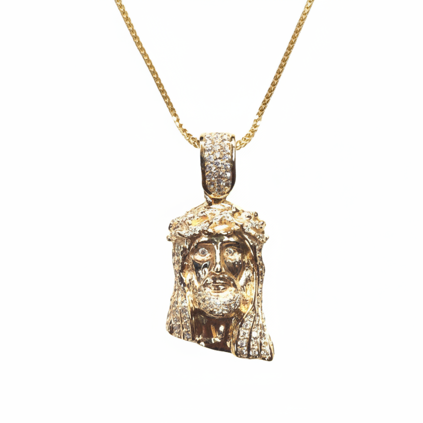 14K Yellow Gold Diamond Jesus Face Pendant