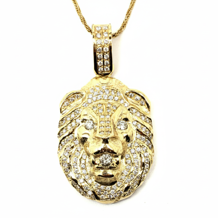 14K Yellow Gold Diamond Lion Face Pendant