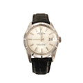A vintage Rolex Oyster Chrometer watch with a silver-tone stainless steel case, cream-colored dial, and a black alligator leather strap, shown against a plain white background.