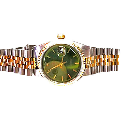 A two-tone Rolex wristwatch with a green dial, gold-tone markers and crown, and a silver and gold Oyster bracelet, shown against a plain white background.