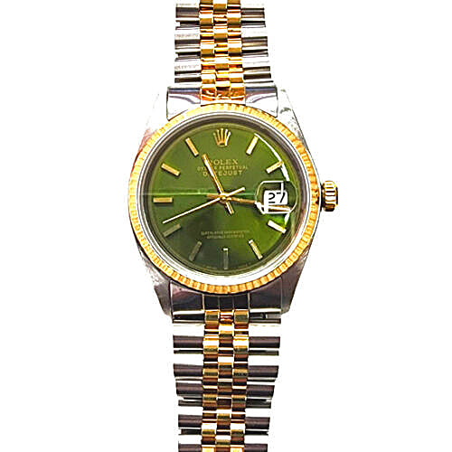Rolex Datejust watch with a green dial, gold-tone bezel and crown, and a two-tone steel and gold Oyster bracelet, shown against a plain white background.