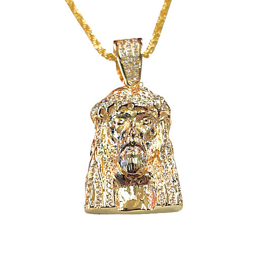A gold Jesus head pendant necklace with a textured, diamond-encrusted finish, suspended from a gold chain against a plain white background.