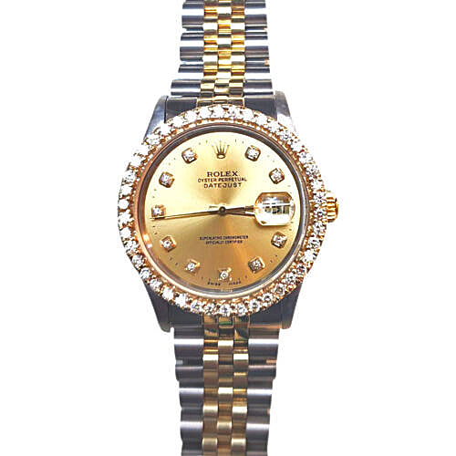 Rolex Datejust watch with a gold dial, diamond hour markers, a diamond-encrusted bezel, and a two-tone stainless steel and gold Oyster bracelet, shown on a white background.