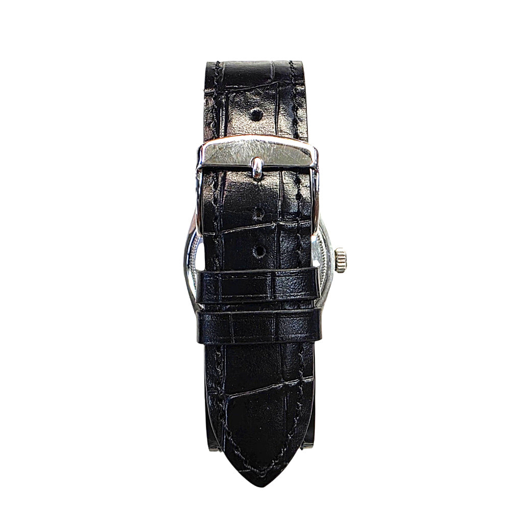 vintage rolex date watch with black leather band