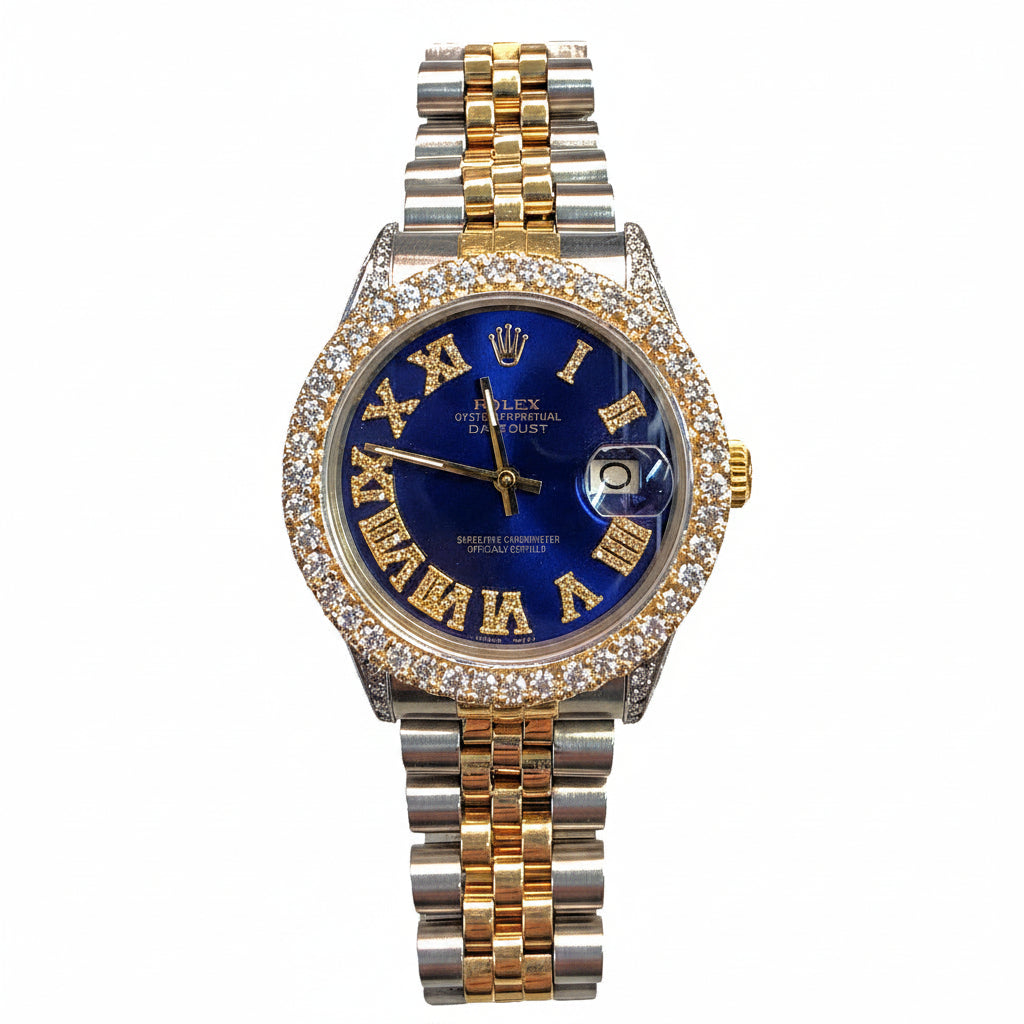 A Rolex Oyster Perpetual Classique watch featuring a blue dial with gold Roman numerals, a diamond-encrusted bezel, and a two-tone yellow and silver stainless steel Oyster bracelet.