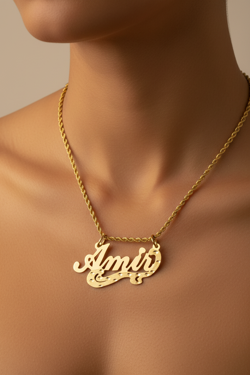 Amir Nameplate Necklace - Lifestyle Neck Shot