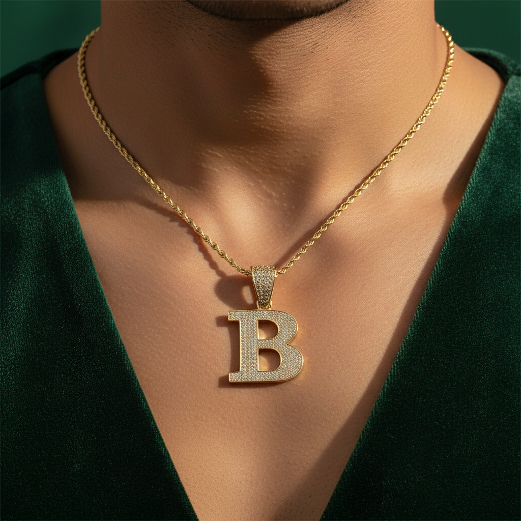 B pendant worn on a masculine neck