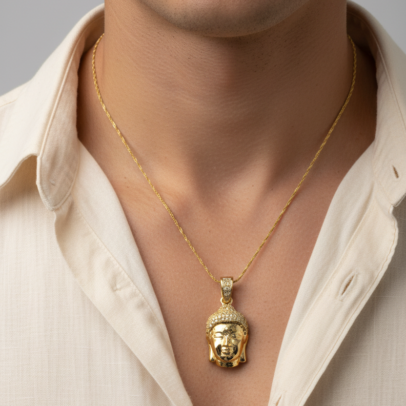 Buddha head pendant worn over a shirt