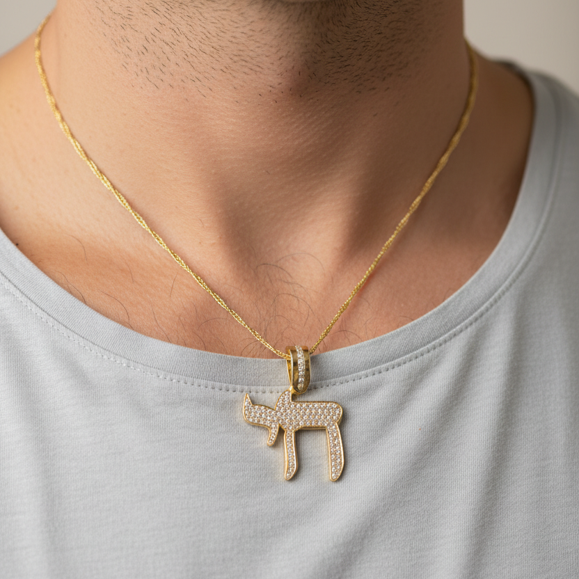 Chai pendant on man's neck