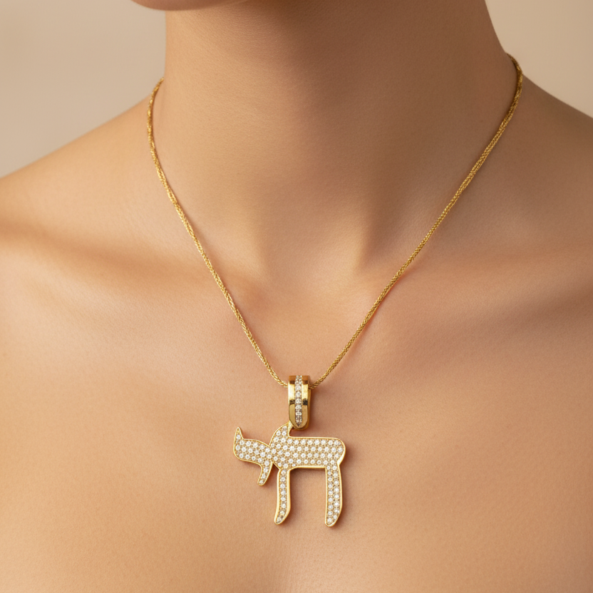 Chai pendant on woman's neck