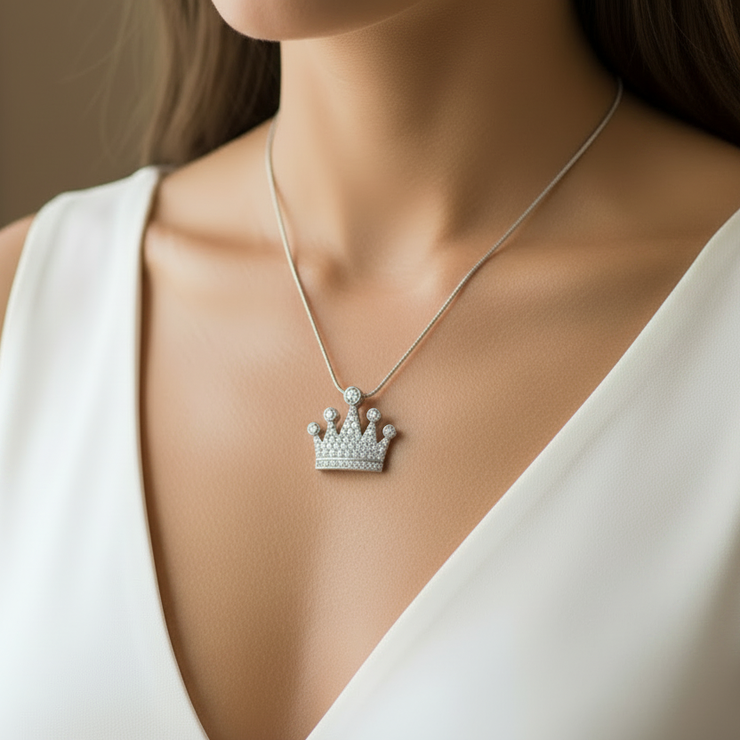 Diamond Crown Pendant - Smaller & Flat on Neck