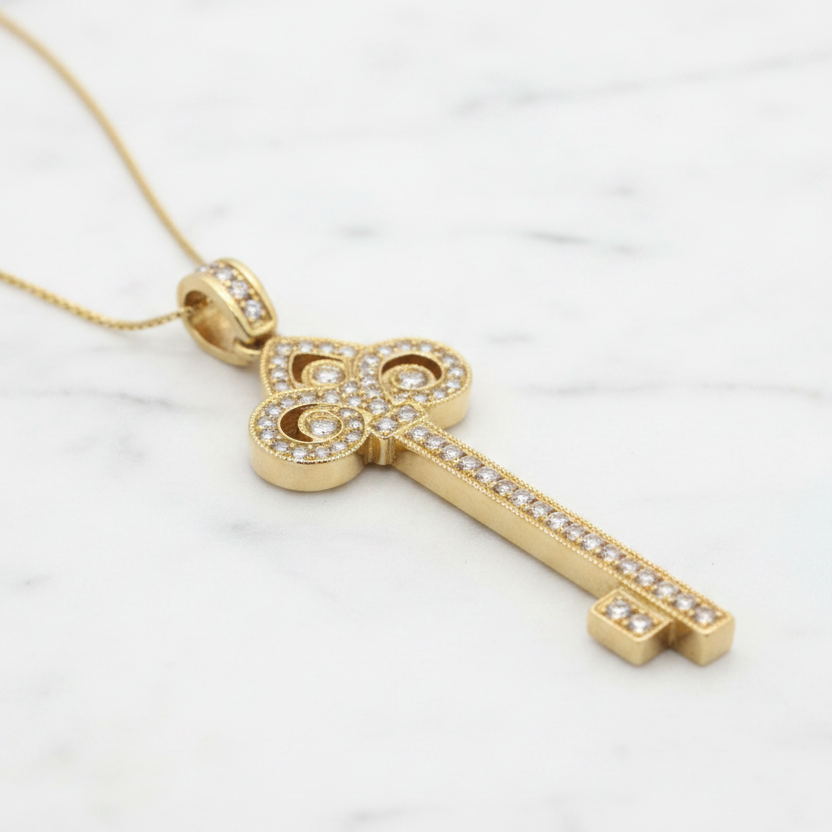 Diamond Gold Key Pendant - Side Angle