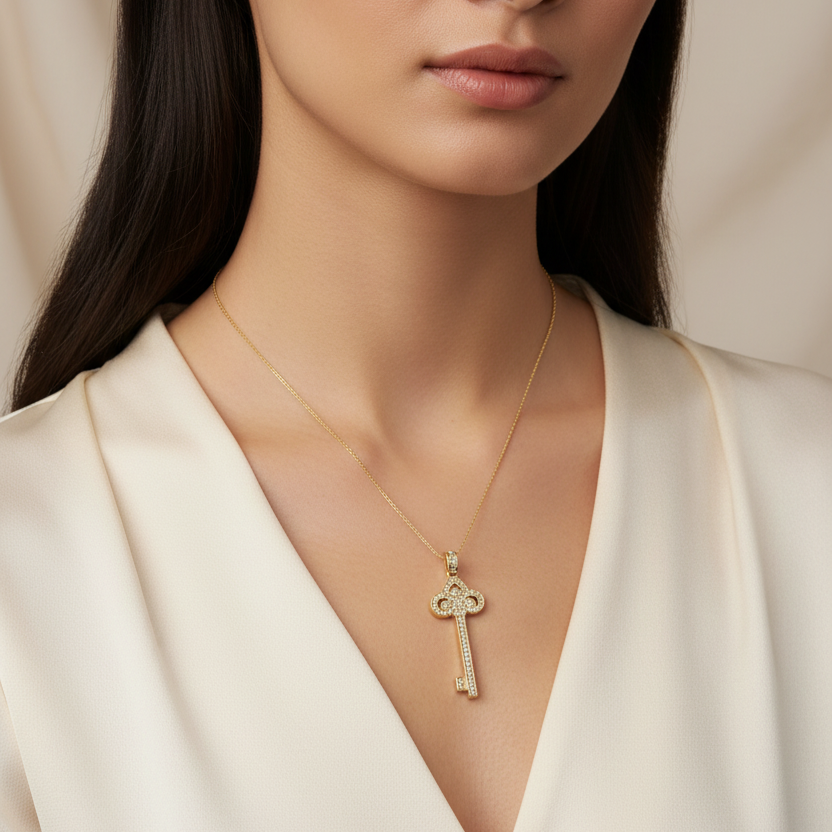 Diamond Gold Key Pendant - Worn on Neck