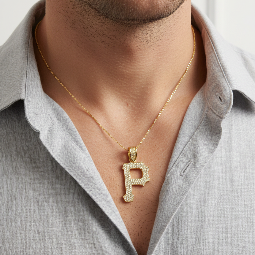 Diamond P pendant on man's neck