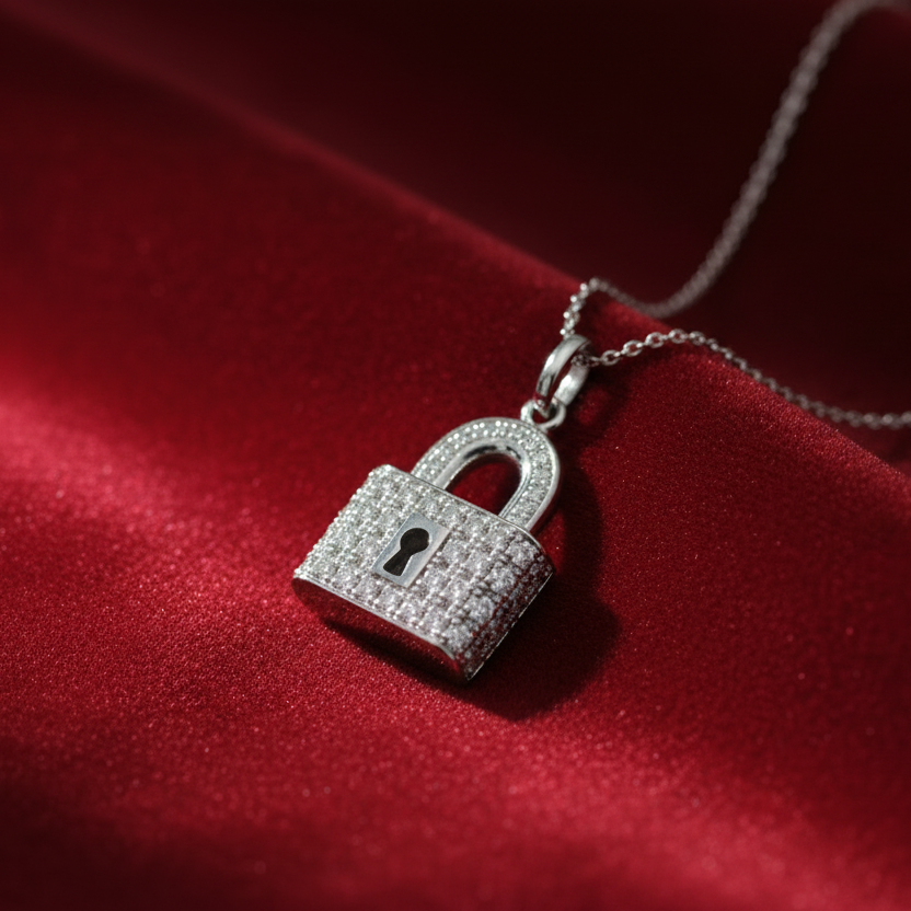 Diamond Padlock Pendant on Red Velvet