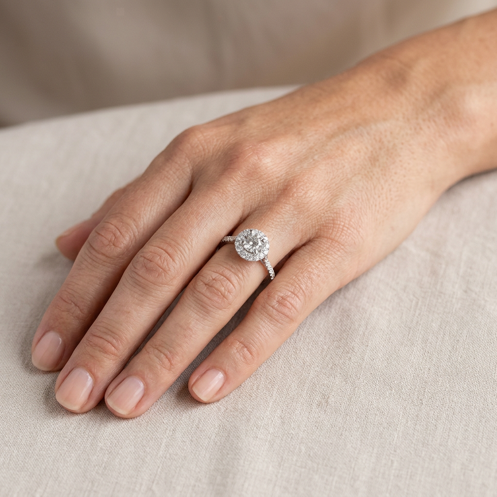 Diamond ring worn on a woman's ring finger