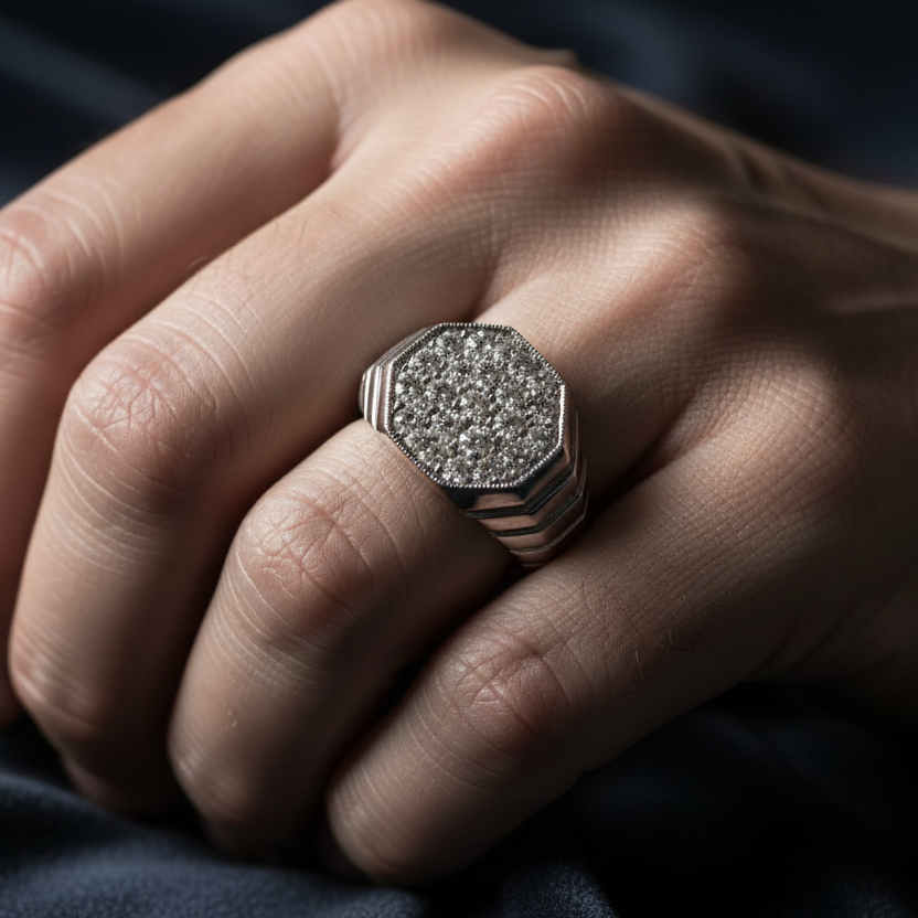 Diamond Signet Ring on Men's Fingers