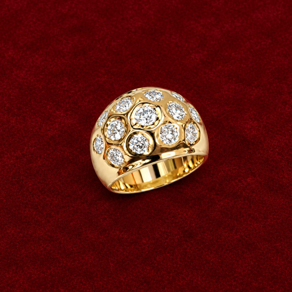 Dome diamond ring on red velvet, new angle