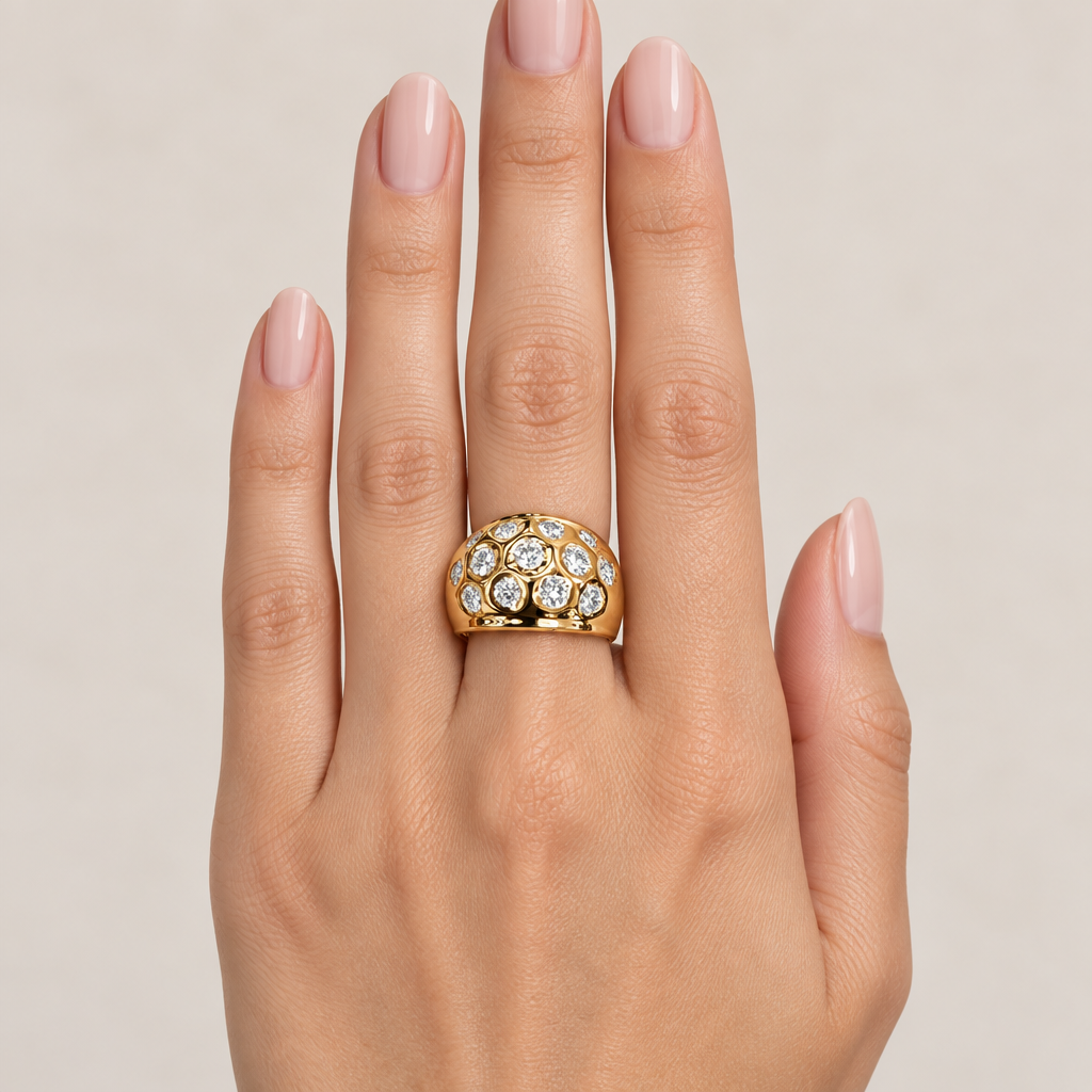Dome diamond ring worn on finger, straightened