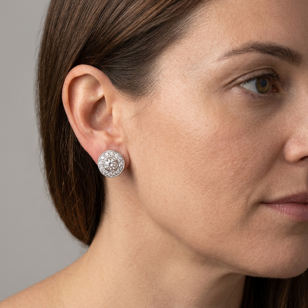 Earrings on a woman’s ear with a larger, approximately 13 mm scale