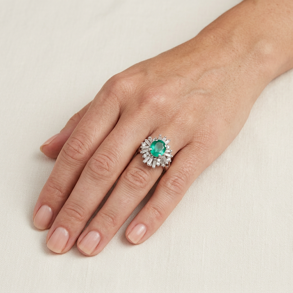 Emerald and diamond ring on a woman's finger