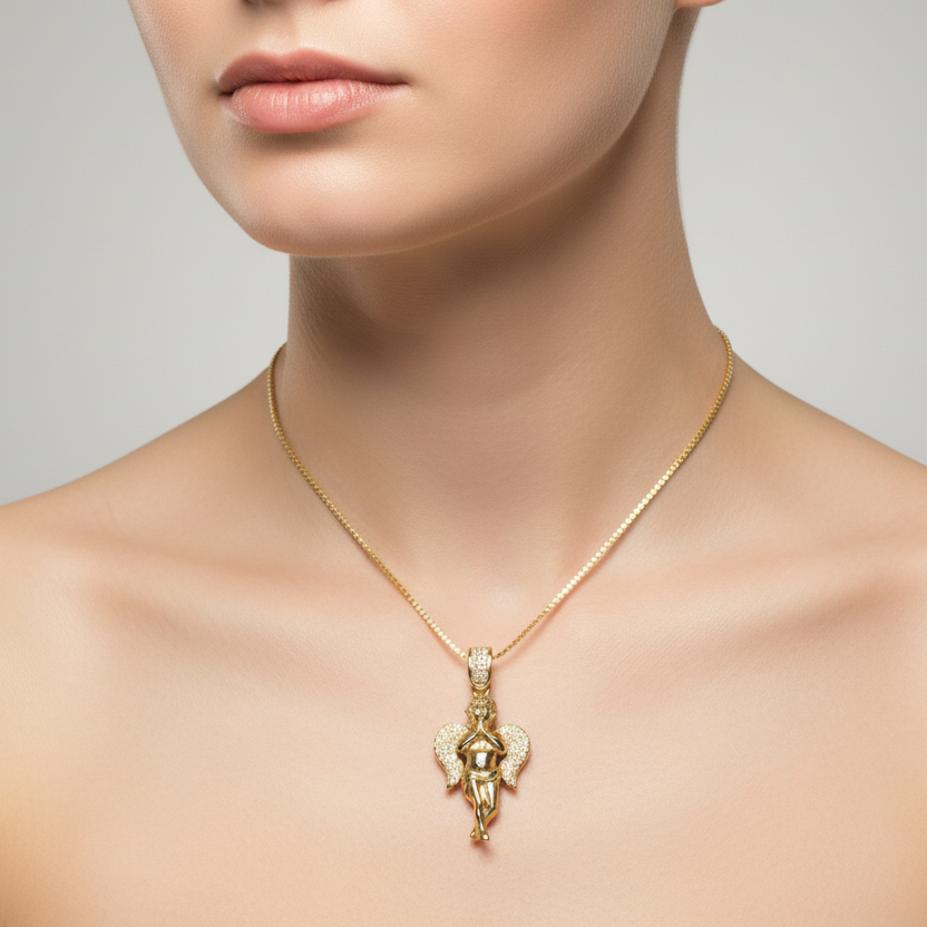 Gold Diamond Angel Pendant on Neck