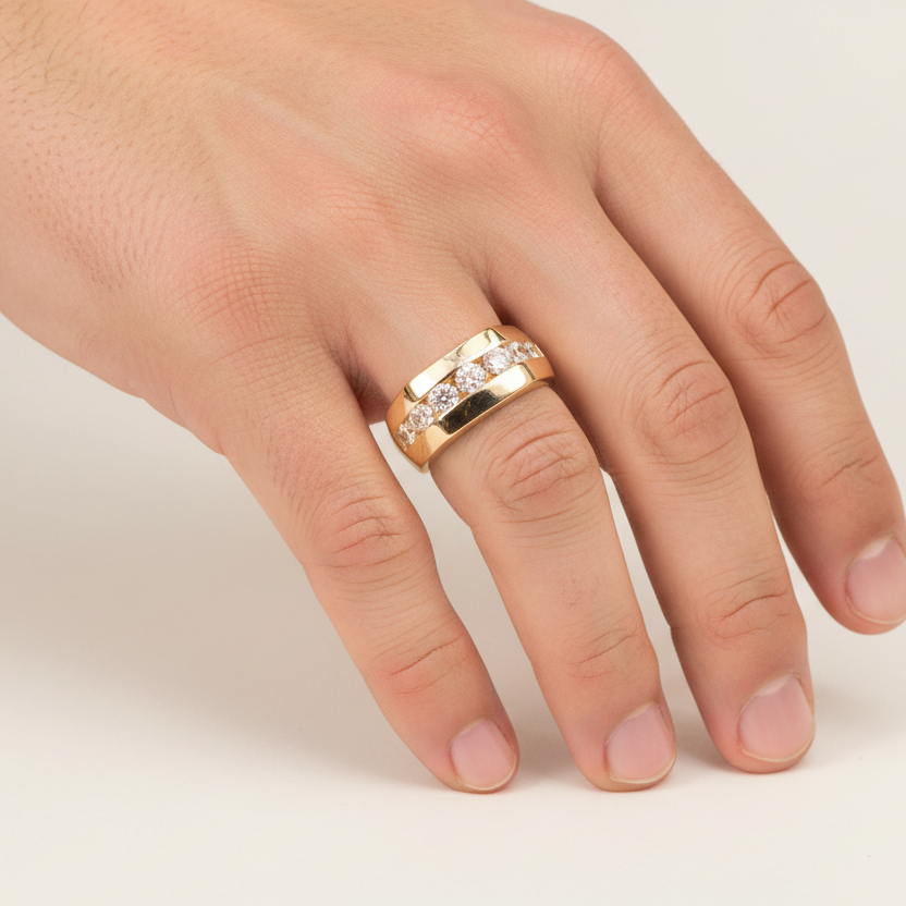 Gold Diamond Band Ring on Men's Hand