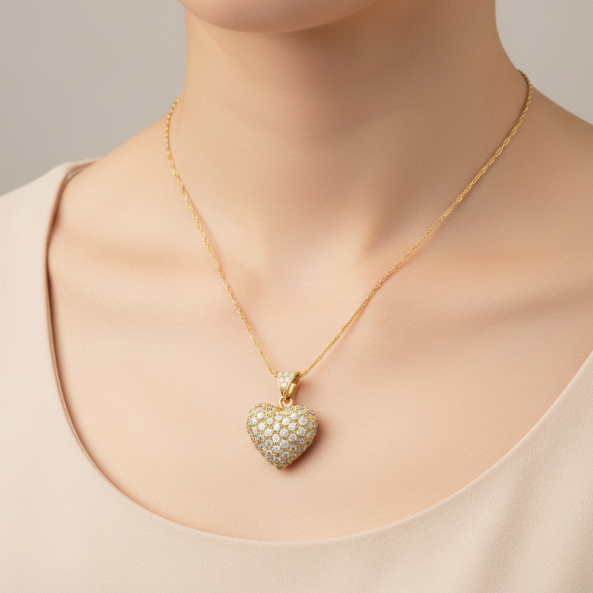 Gold Heart Pendant on Lady's Neck