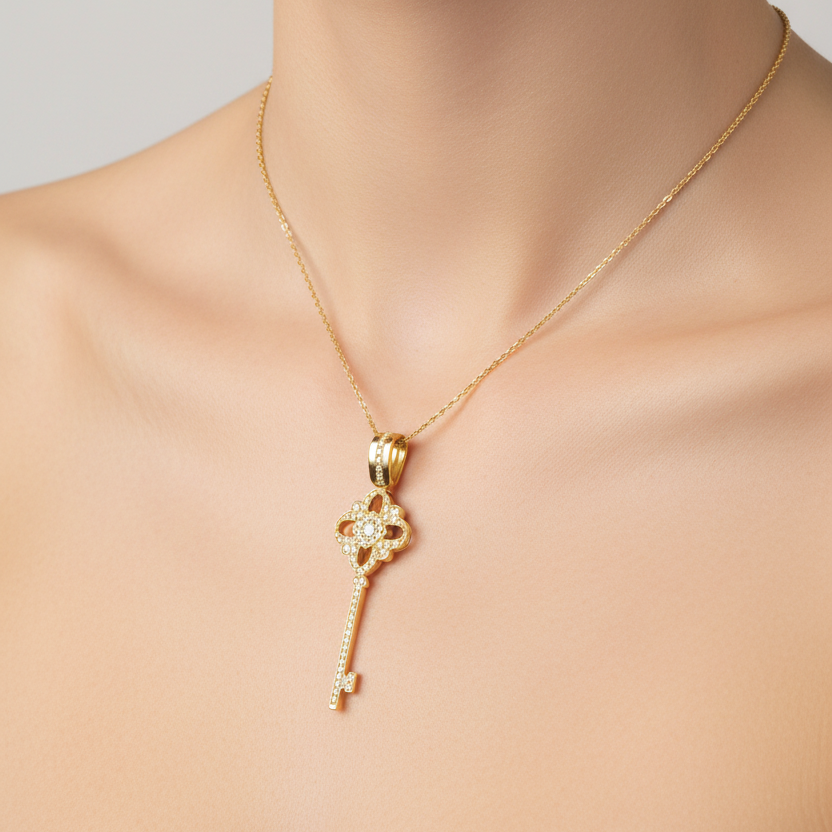 Gold Key Pendant on Ladies' Neck
