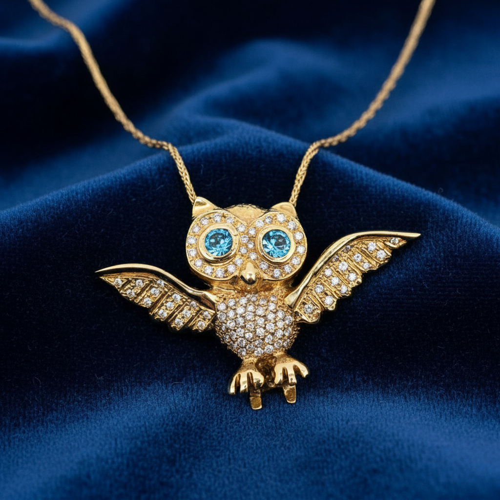 Gold owl pendant on blue velvet