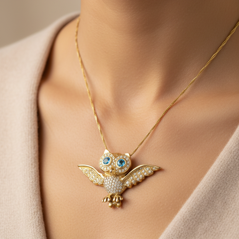 Gold owl pendant on woman's neck