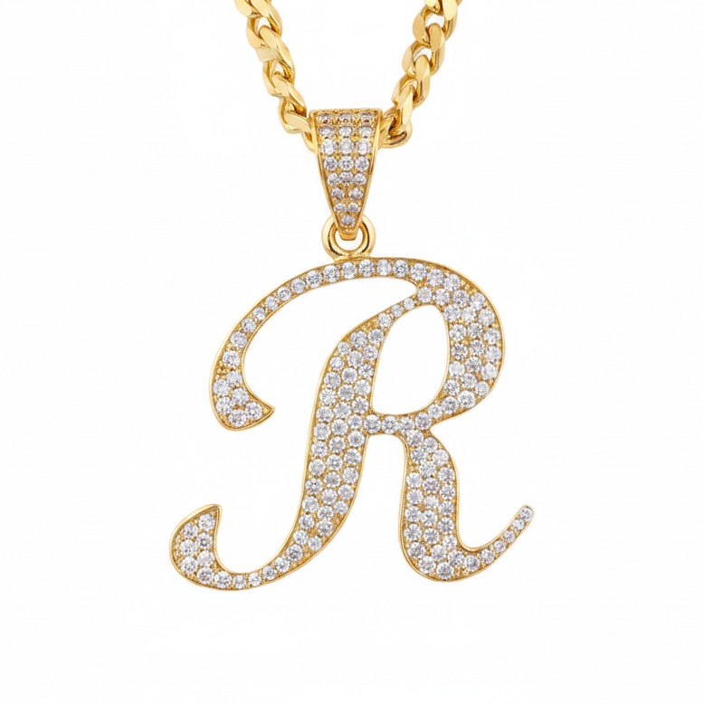 Iced Out R Initial Pendant Enhanced