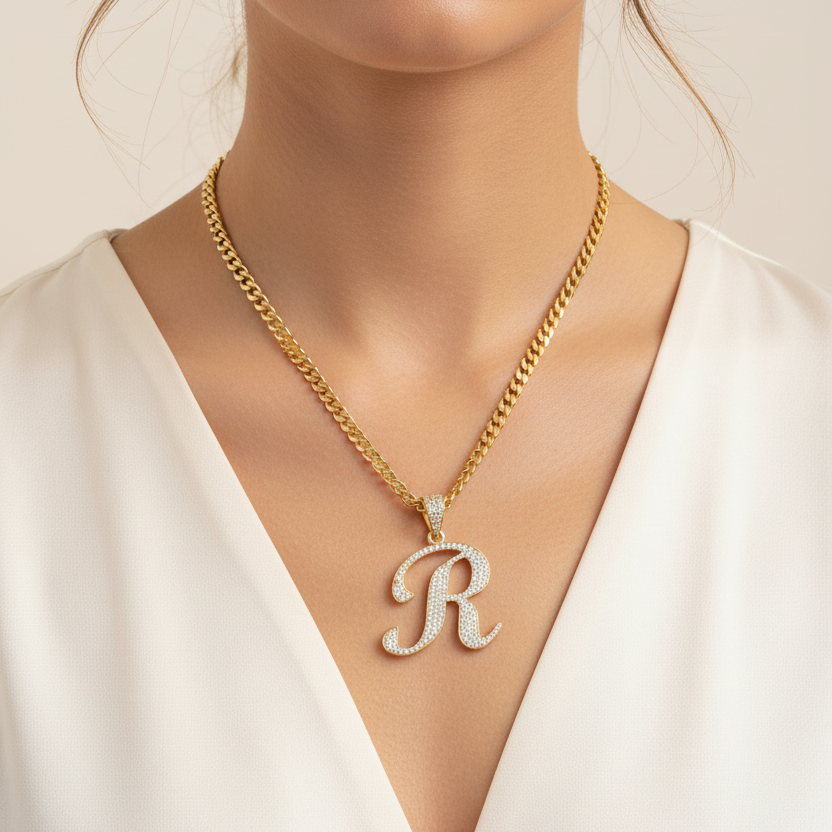 Iced Out R Pendant on Ladies Neck