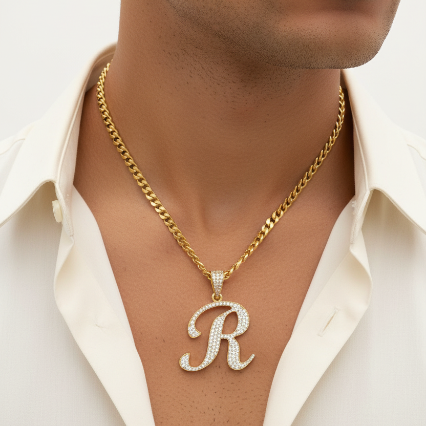Iced Out R Pendant on Men's Neck