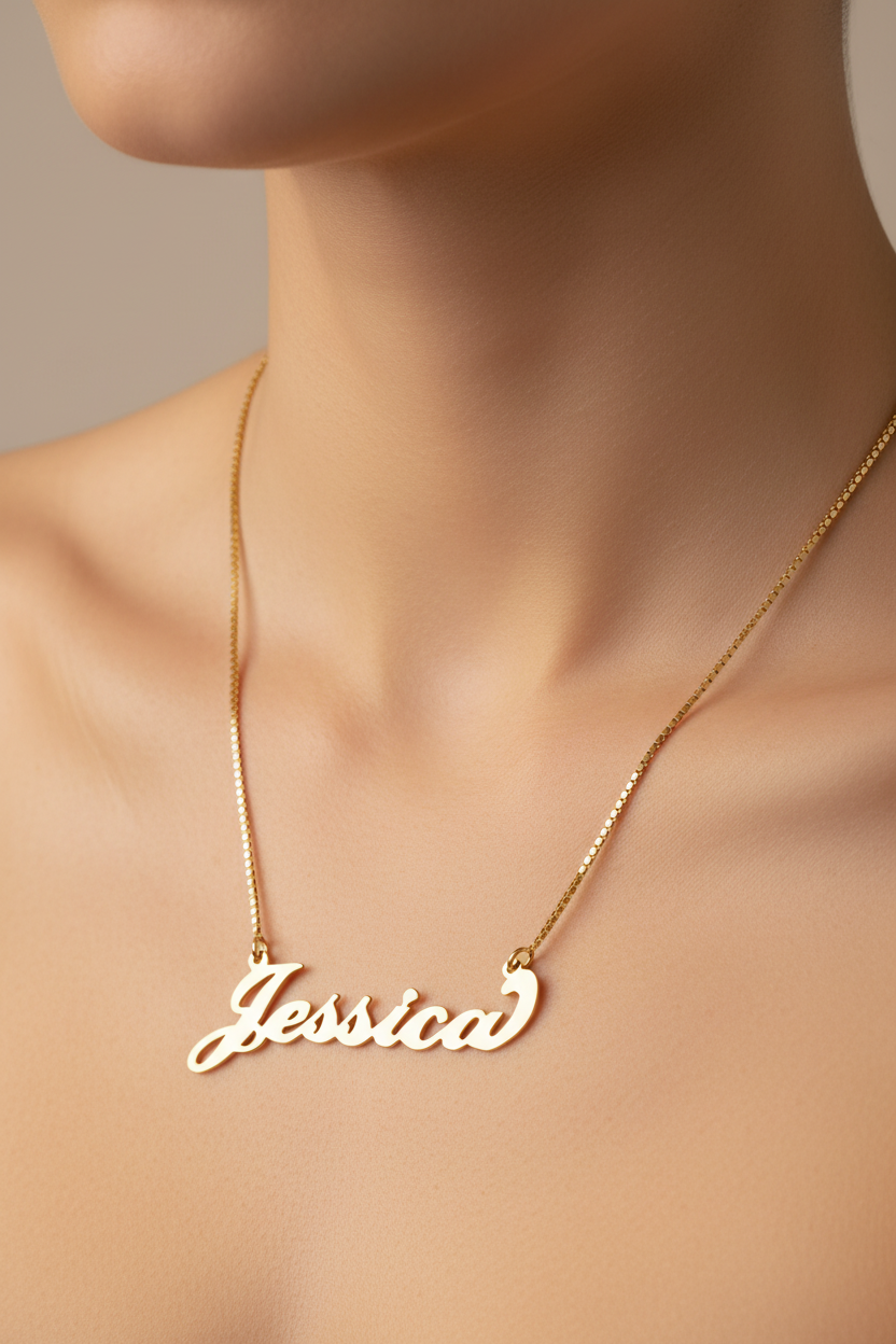 Jessica Nameplate Necklace - Lifestyle Neck Shot