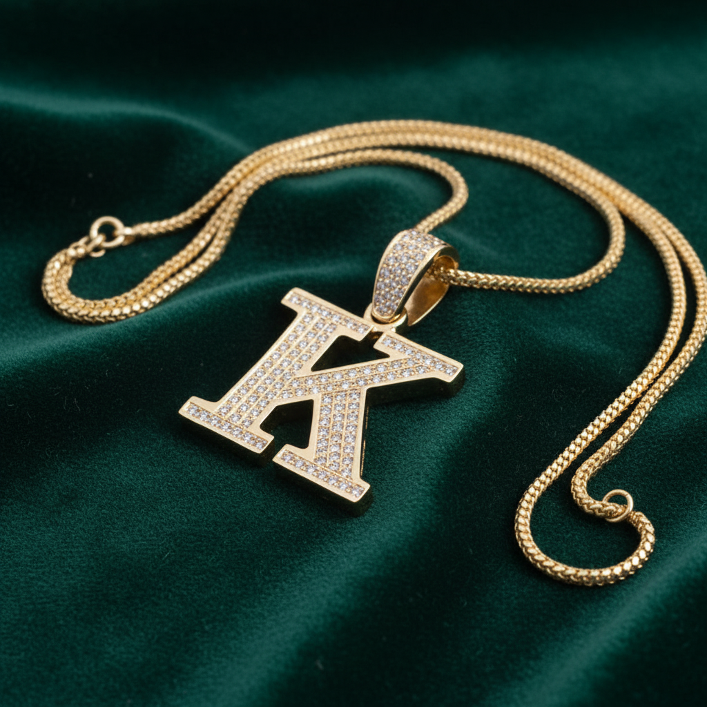 K pendant on green velvet, angled to show solid side edge