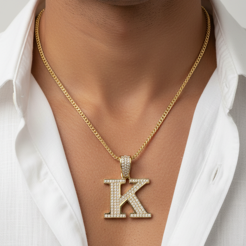 K pendant worn on a man's neck