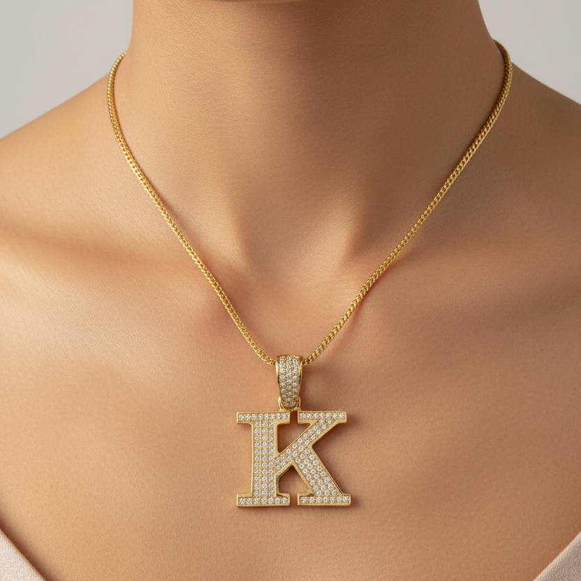 K pendant worn on a woman's neck