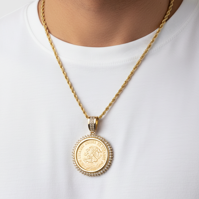 Mexican gold coin pendant on man's neck at scale