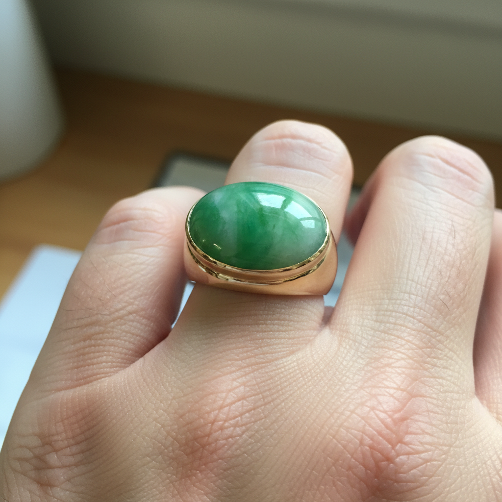 Original jade design oriented side to side on a man's finger