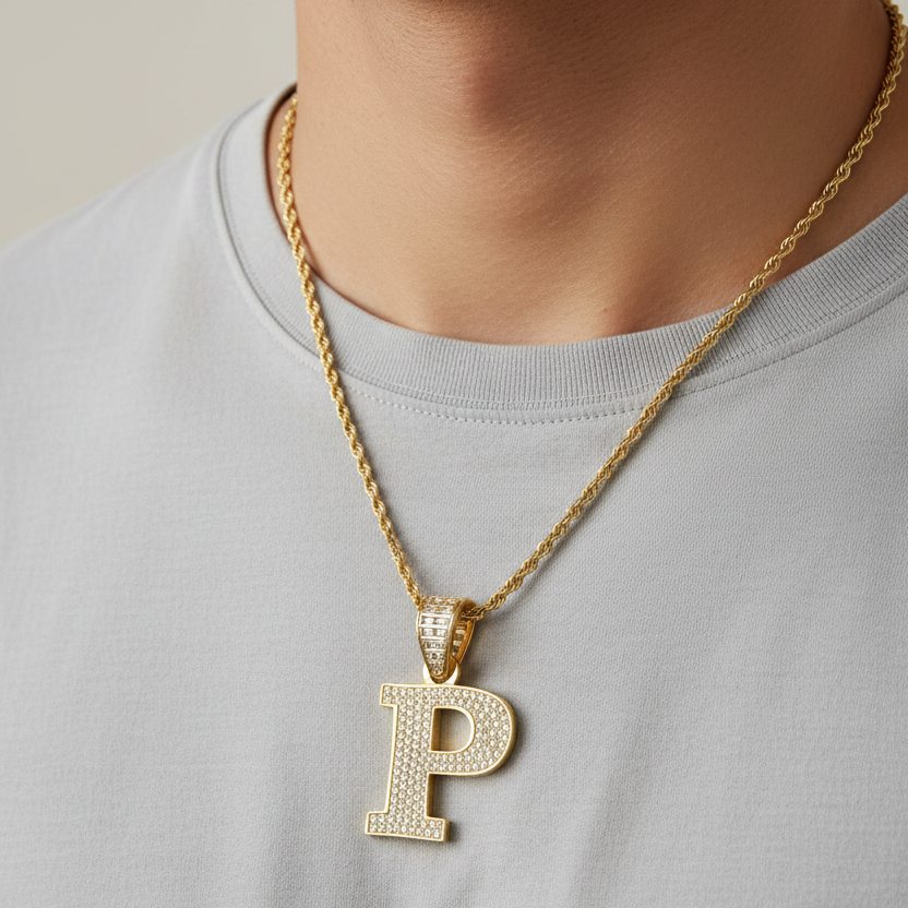P pendant worn on a man's neck
