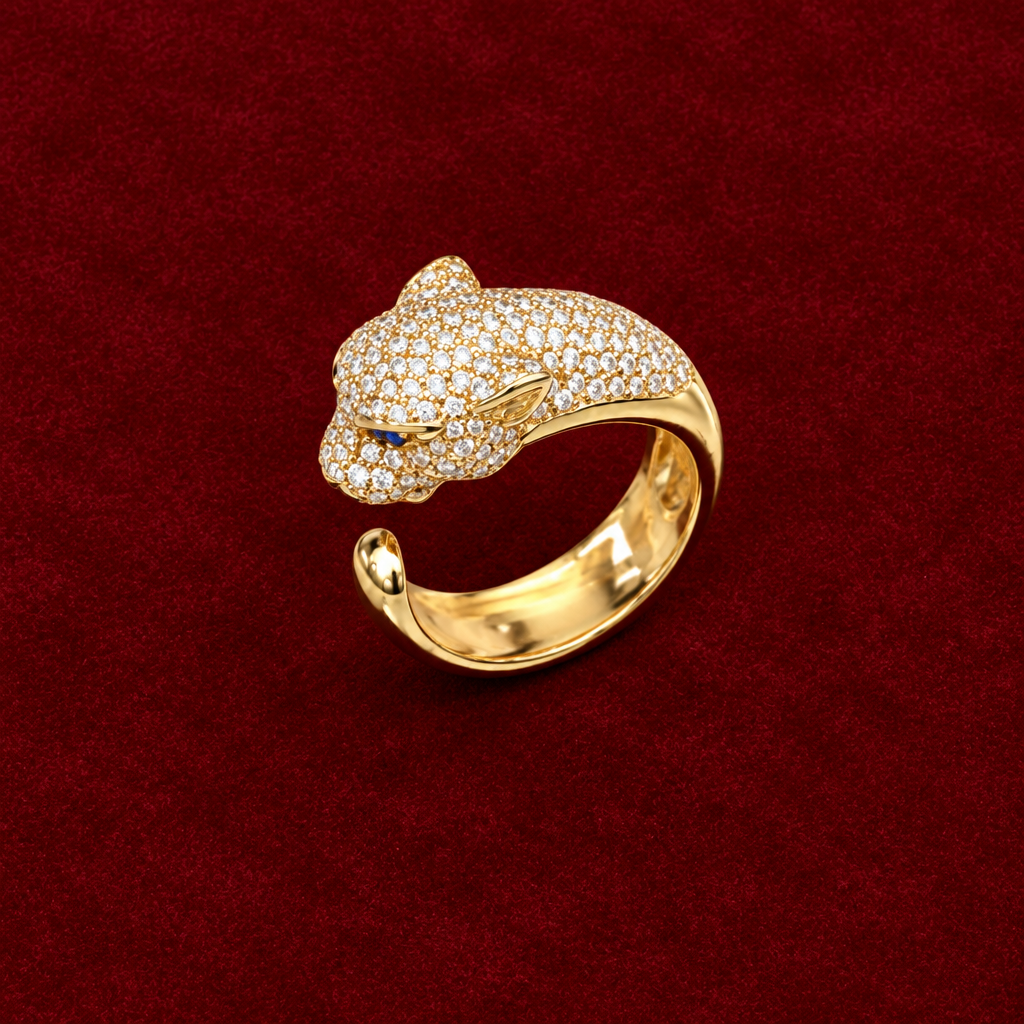 Panther ring on red velvet, new angle