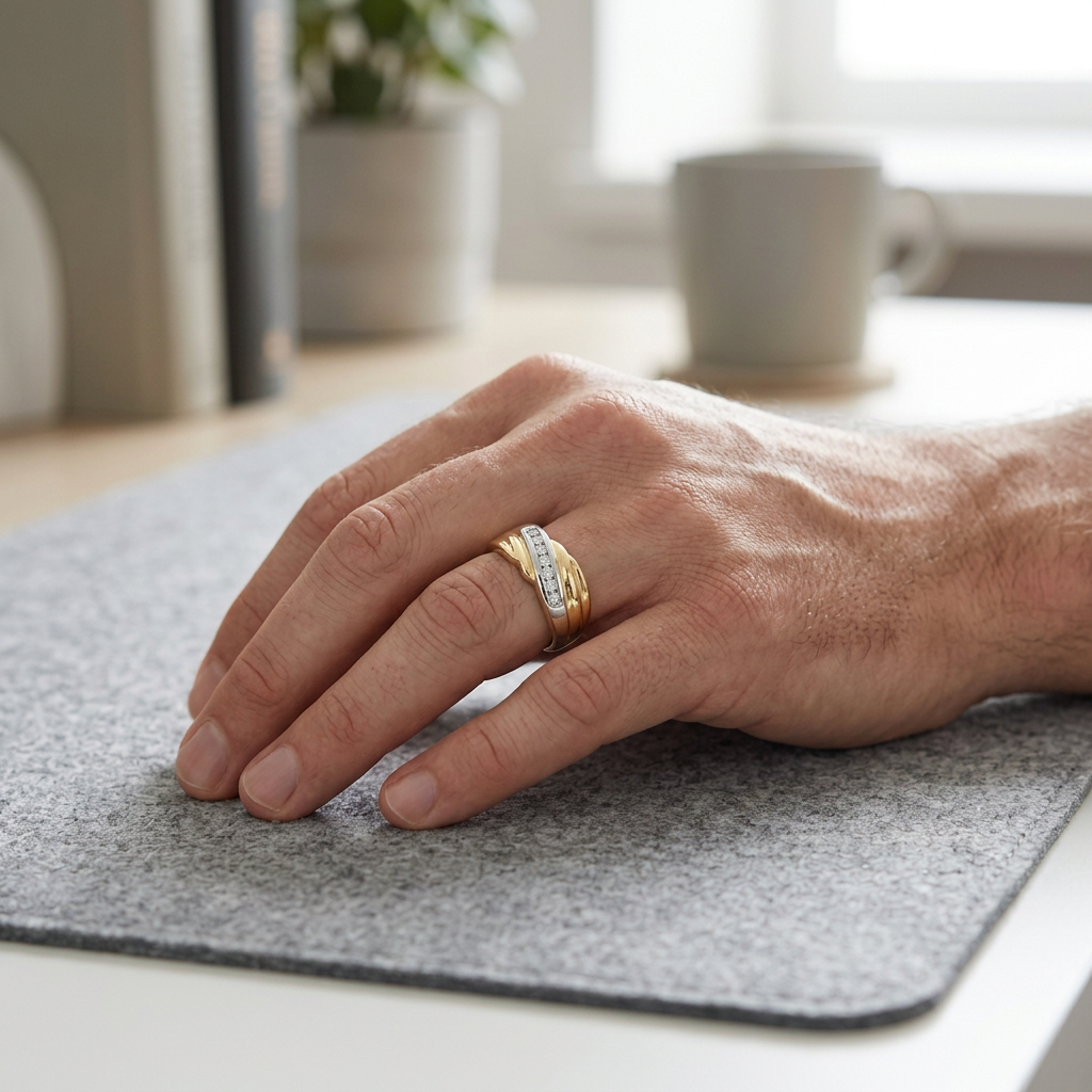 Ring on a man's finger, zoomed out to show the hand and wrist
