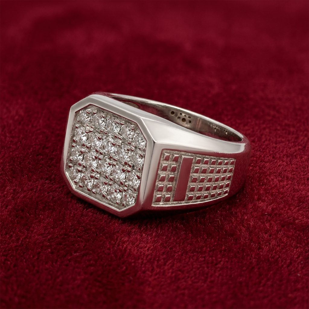 Ring on deep red velvet, zoomed out with more surrounding space