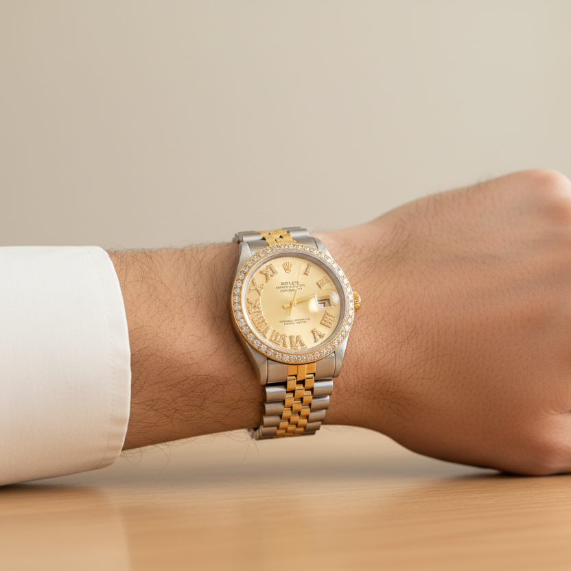 Rolex Datejust Champagne Diamond Roman Numeral on Men's Wrist