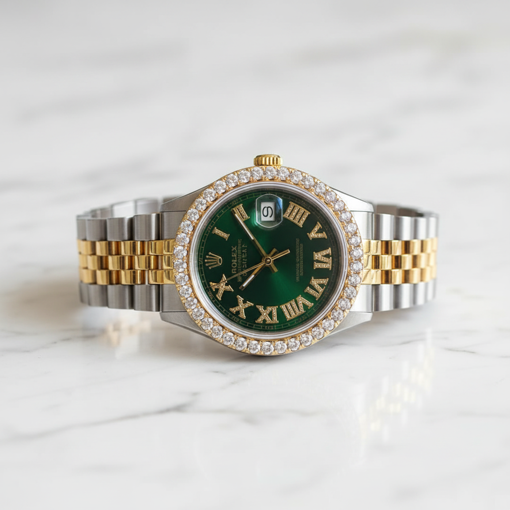 Rolex Datejust Green Diamond on Marble Crown Up
